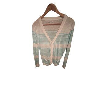Garnet Hill Womens‎ Medium White & Aqua Striped Linen Cardigan Sweater